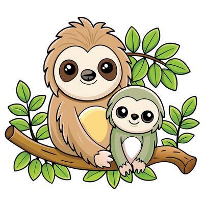 Adorable Sloth and Baby Embracing Amidst Leafy Canopy in a Mobile Tree Cart