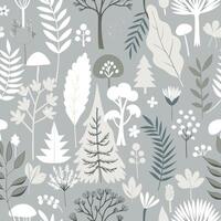Light Gray Seamless Nature Patterned Background with Vegetation and Flowers vector
