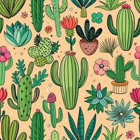 Hand Drawn Seamless Pattern Featuring an Array of Cacti and Succulent Plants vector