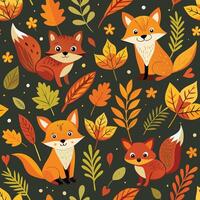 Autumn Forest Scene with Foxes and Falling Leaves Seamless Pattern vector