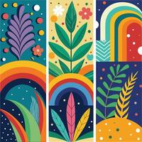 Vibrant Seamless Patterns with Rainbow Hued Botanicals vector