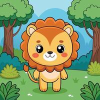 Adorable Kawaii Lion Frolicking in an Enchanting Forest Oasis vector