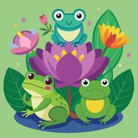 Frogs and a Frog Adorned with a Purple Flower in Nature s Embrace vector