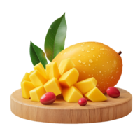 Cutting board scene with mango pieces png