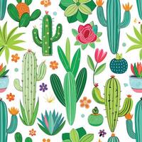 Seamless Pattern of Vibrant Cacti and Succulents on a White Background vector