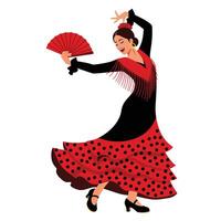 Elegant flamenco dancer in vibrant dress performing with fan in flat aimotion art vector