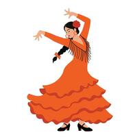 Dancer in vibrant orange dress performing flamenco style with flat design aimotion art vector