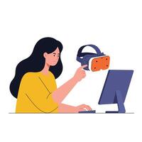 Woman using virtual reality headset while interacting with computer in flat aimotion art vector
