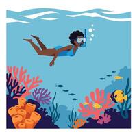Snorkeling underwater scene with colorful fish and coral in flat aimotion art vector