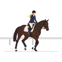 Equestrian rider gracefully trotting on a brown horse in flat aimotion art vector