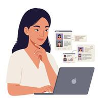 Thoughtful woman analyzing data on laptop in flat aimotion illustration vector