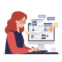 Woman working on computer with analytics in flat aimotion illustration vector