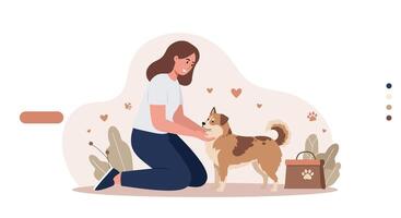 Happy woman interacting with her playful dog in flat aimotion illustration vector