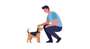 Person kneeling and petting a dog in flat and colorful aimotion illustration vector
