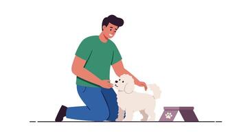 Man feeding happy dog while kneeling in flat, minimal aimotion illustration vector