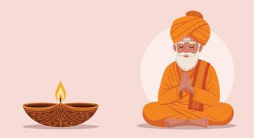 Peaceful monk in meditation with illuminated lamp in minimal aimotion illustration vector