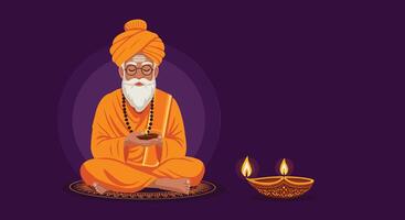 Serene sage in orange attire with glowing lamps in flat aimotion art vector