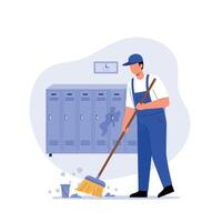 Man cleaning floor with broom in minimal style art vector