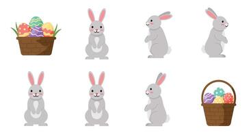 Bunny character animation frames in flat design style featuring Easter basket art vector