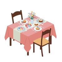Dining table scene with colorful desserts and flowers in flat art vector