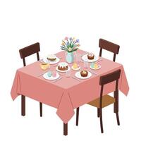 Table setting with desserts and flowers in a flat illustration vector