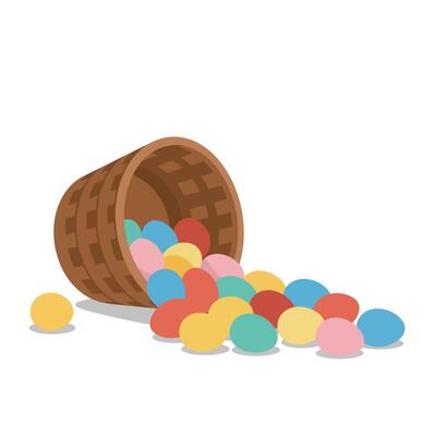 Colorful eggs spilling from a woven basket in flat art 5
