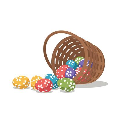 Colorful eggs spilling from a woven basket in flat art 4