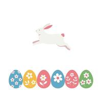 Rabbit jumping over colorful decorated eggs in minimal flat art vector