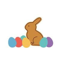 Cute rabbit sitting beside colorful eggs in flat art vector