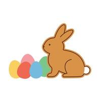 Cute bunny sitting beside colorful eggs in flat design art vector