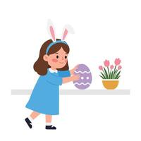 Girl in Bunny Ears Placing Colorful Egg on Table Detailed Art vector