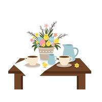 Cute table setting with flowers and cups in flat art vector