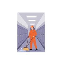 Custodian in orange uniform sweeping floor in minimal art vector