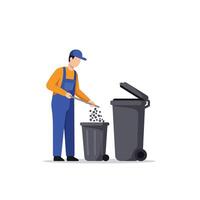 Person disposing waste in trash can with flat design art vector