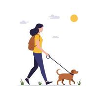 Woman walking a dog in a sunny environment flat art vector