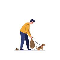 Man picking up dog waste with a bag in flat art vector