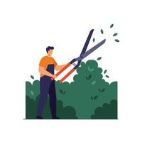 Gardener using shears to trim bushes in flat art illustration vector