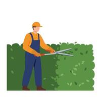 Gardener trimming bushes with shears in a minimal flat illustration vector