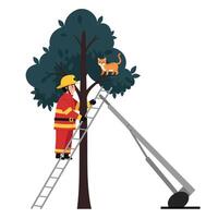 Firefighter rescuing a cat from a tree in flat art illustration vector