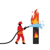 Firefighter Extinguishing Flames with Water Hose in Minimal Flat Art vector