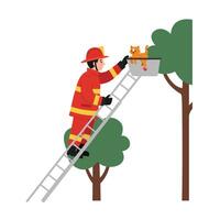 Firefighter rescuing a cat from a tree in flat art vector