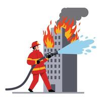 Firefighter extinguishing flames with a hose in flat art vector