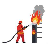 Firefighter in action extinguishing flames with hose in flat art vector