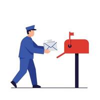 Mail carrier delivering letters to a bright red mailbox in flat art vector