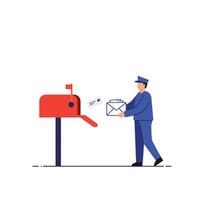 Mailman delivering letters to a bright red mailbox in flat art vector