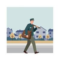 Mail carrier walking with bag in flat design art illustration vector