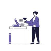 Person scanning books with barcode scanner in flat illustration vector