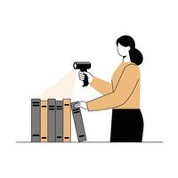Person using scanner to organize books in a minimal flat art vector