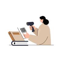 Woman scanning a barcode with handheld scanner in flat art vector