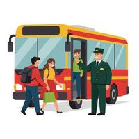 Bus passengers boarding with a driver in flat style illustration vector